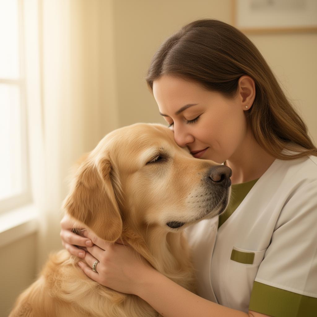 Tutora abraçando seu cachorro com carinho e serenidade
